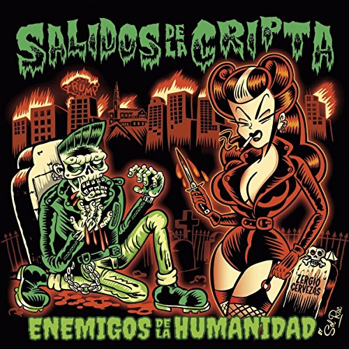 Cartoon zombie and woman with knife in front of burning city.