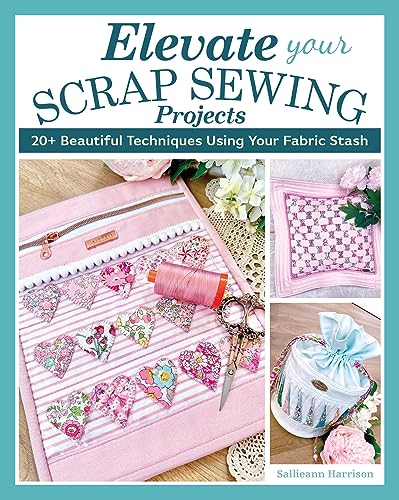 Sewing book cover with fabric scraps, finished projects, and tools shown.
