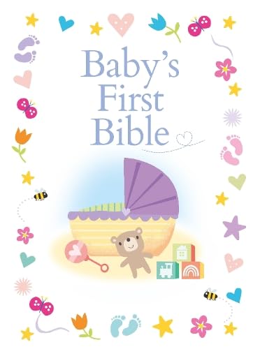 Baby’s First Bible cover with illustrations of a cradle, toys, and flowers.