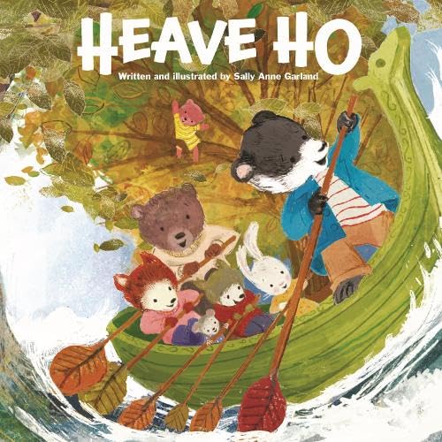 Animals rowing a green boat on wavy water, illustrated children’s book.