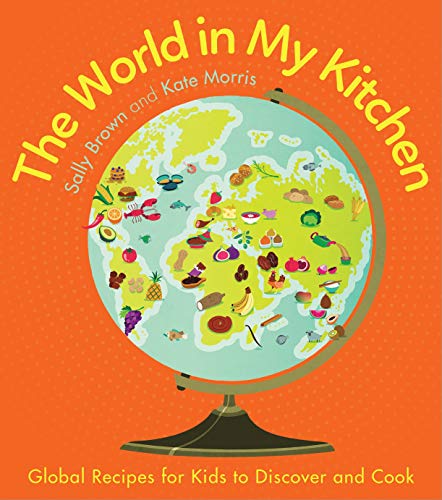 Cookbook cover with a colorful globe decorated with various foods.