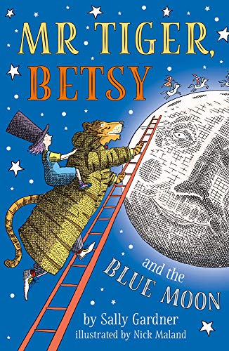 Tiger and child climb a ladder towards a large, textured blue moon.