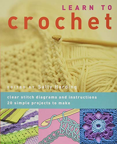 Crochet instruction book cover with yarn, needle, and project examples.
