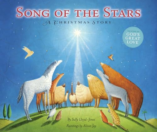 Animals gaze upward at a bright star on a green hill.