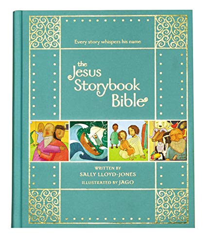 Teal cover of "The Jesus Storybook Bible" with illustrated scenes.