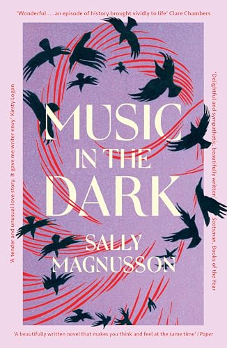 Book cover: "Music in the Dark" with swirling red lines and silhouetted birds.