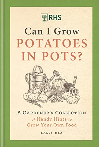 Book cover titled Can I Grow Potatoes in Pots with illustrations of gardening tools.