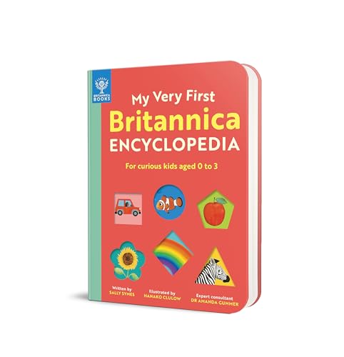 Red board book, “My Very First Britannica Encyclopedia,” with colorful illustrations.