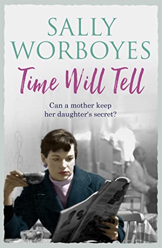 Book cover: "Time Will Tell" by Sally Worboyes, woman reading a newspaper.