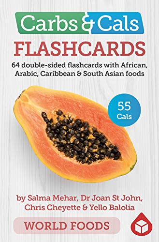 Flashcards with papaya image, listing carbohydrate and calorie counts for world foods.