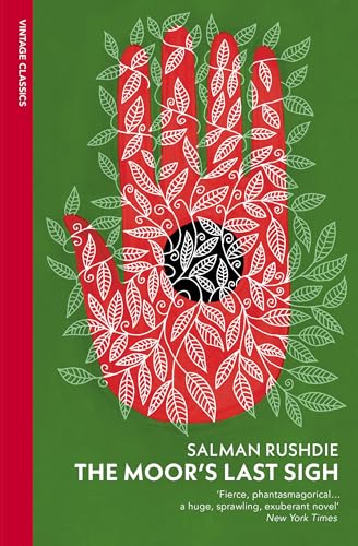 Book cover: red hand with leaf patterns, black center, title “The Moor’s Last Sigh”.