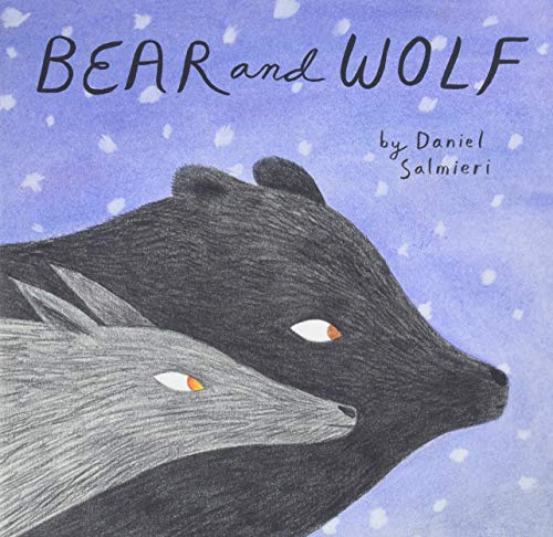 Illustration of a bear and wolf’s heads against a blue, snowy background.