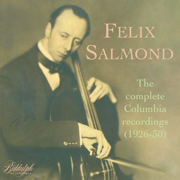 Sepia-toned portrait of Felix Salmond with his cello, CD cover art.