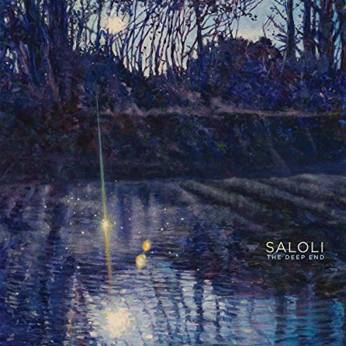 Painted landscape of dark water with glowing lights, album cover for Saloli.