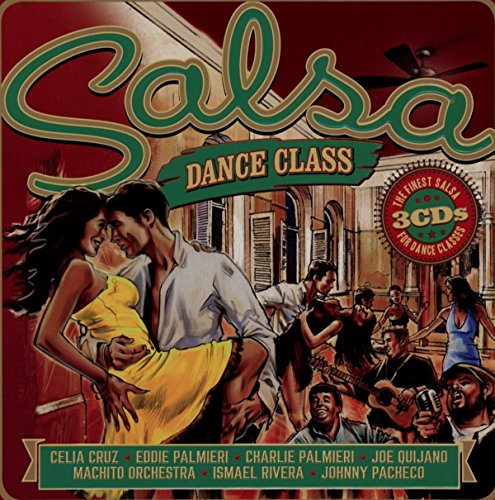 "Salsa Dance Class" CD cover featuring dancing couple and musicians in a vibrant scene.