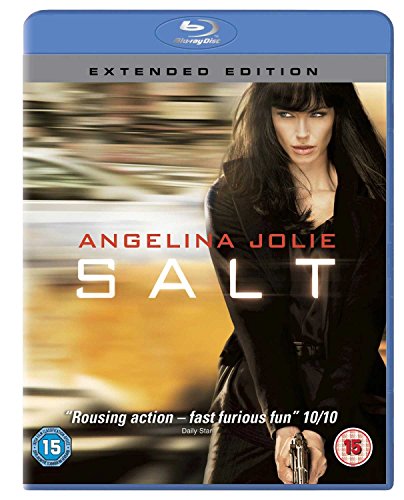 Blu-ray cover for Salt featuring Angelina Jolie holding a gun against a blurred background.