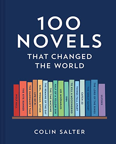 Book cover titled 100 Novels That Changed the World featuring a row of colorful books.