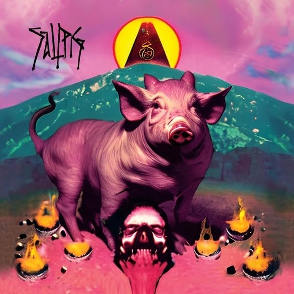 Pink pig with a skull reflection, set against a fiery, surreal landscape.