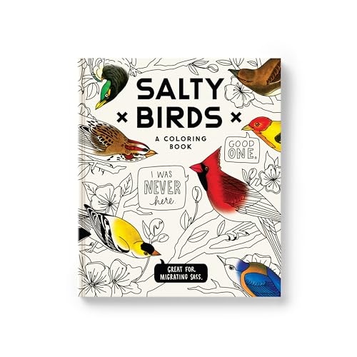 Salty Birds coloring book cover featuring line art of birds with speech bubbles.