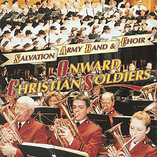 Salvation Army band members in red uniforms playing instruments with a choir behind them.