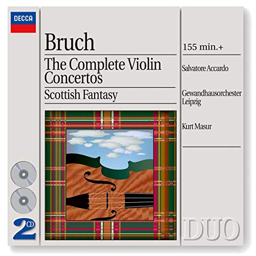 CD cover featuring a violin illustration over a tartan background with Bruch album text.