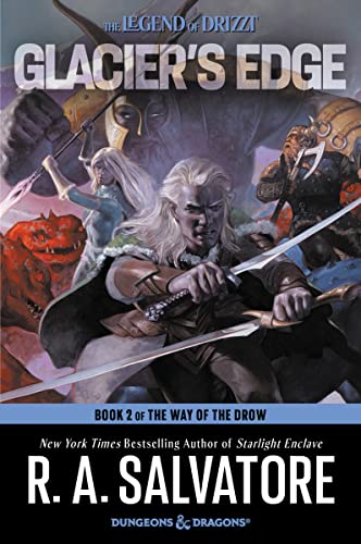 Book with dark fantasy cover featuring drow character, snowy mountain landscape in background.