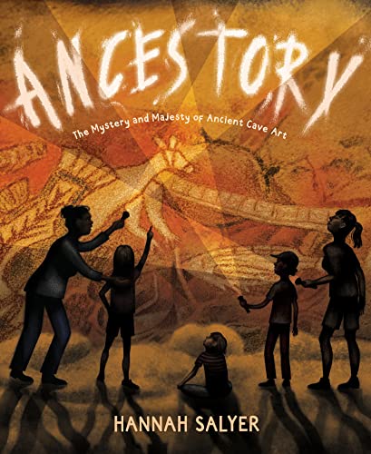 Book cover depicting people viewing ancient cave paintings of animals.
