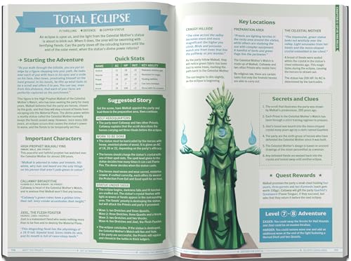 Open RPG adventure book page with text and illustration of a statue.