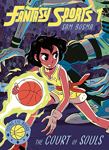 A girl in a basketball uniform dribbles a glowing ball before a giant monster.