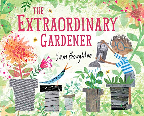 A child with blue glasses waters potted plants in a colorful, illustrated garden setting.