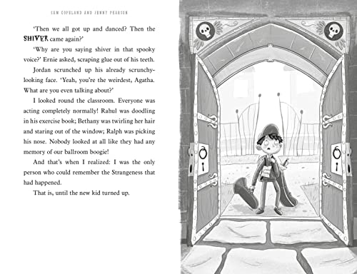 Black and white illustrated book page with a boy entering a doorway.