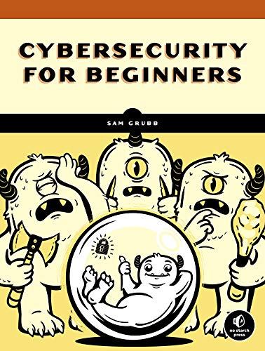 Book cover: "Cybersecurity for Beginners" with cartoon monsters and a child.