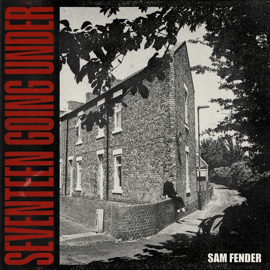 Black and white album cover featuring a brick building and red text.