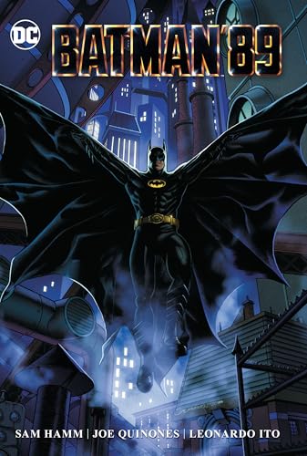 Batman gliding above a dark, stylized cityscape on the cover of a comic book.