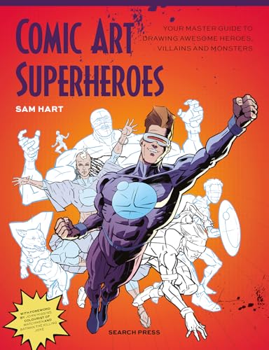 Book cover showing a colored superhero flying amidst various outlined comic character sketches.