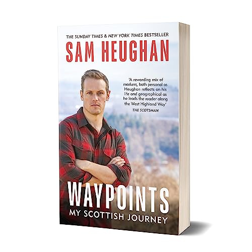 Book cover: "Waypoints" by Sam Heughan, featuring author portrait and landscape.