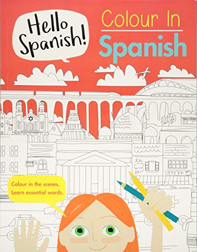 Colour In Spanish" book cover with cityscape line drawing and girl coloring.