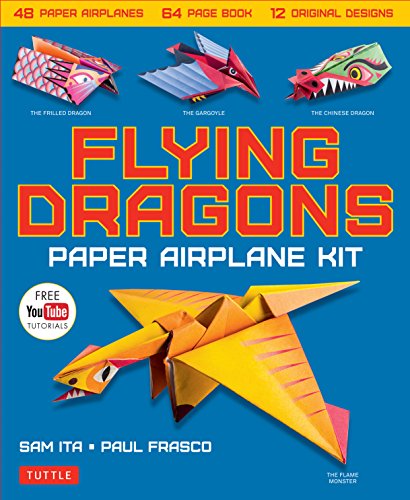 Cover of “Flying Dragons” paper airplane kit with colorful origami designs.