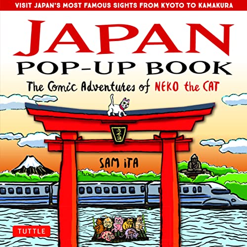 Japan pop-up book cover featuring a red torii gate and a white cat.