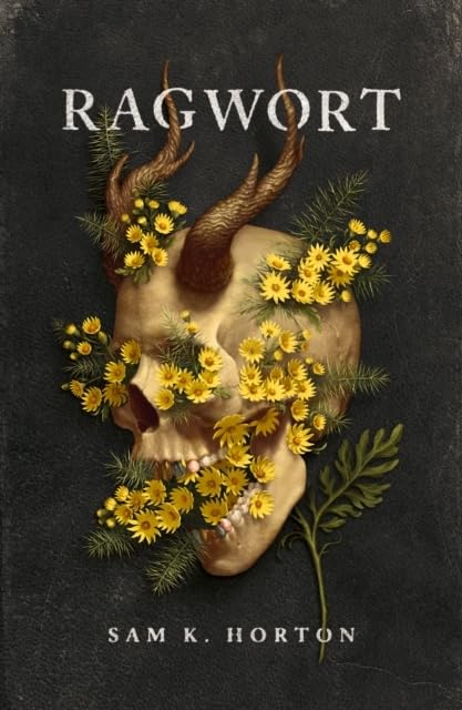 Book cover featuring a horned skull adorned with yellow ragwort flowers on black background.