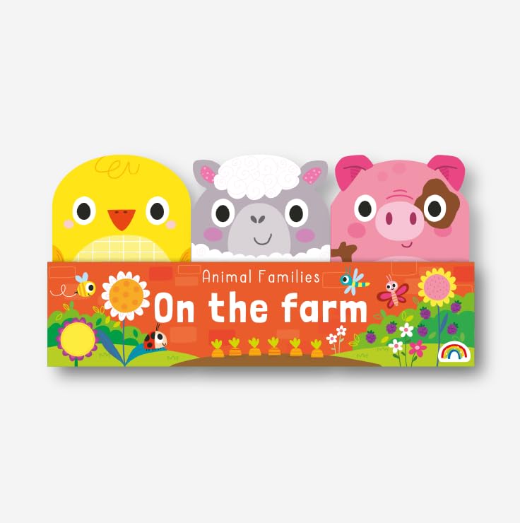Book tray with cartoon chicken, sheep, and pig on a farm scene.