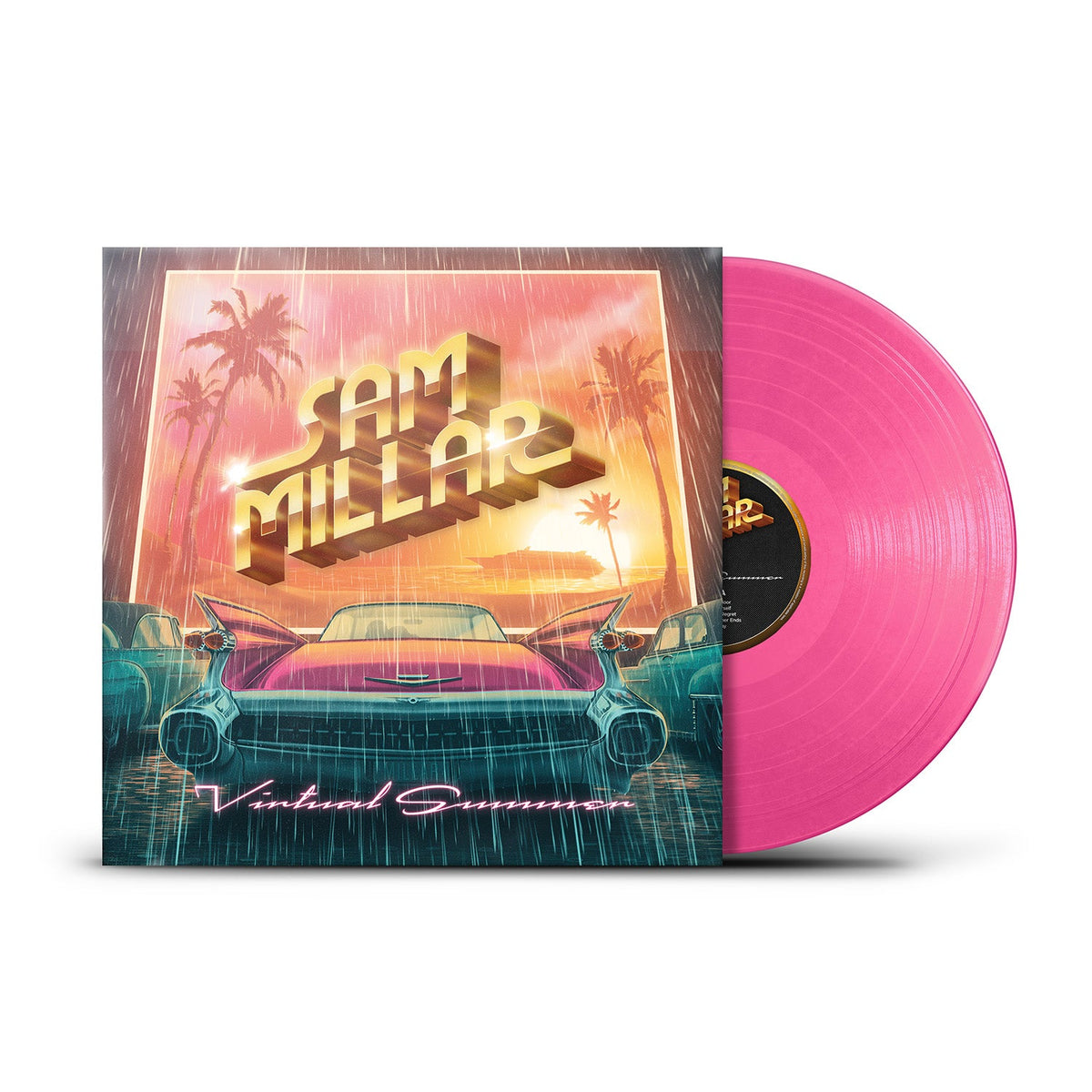 Pink vinyl record with album cover featuring a car and palm trees.