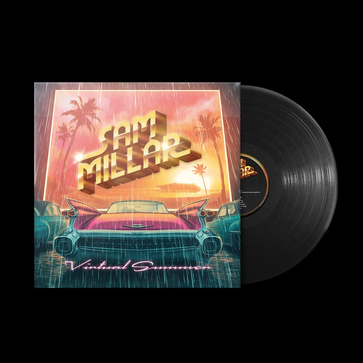 Vinyl record with cover art featuring a pink car and palm trees.