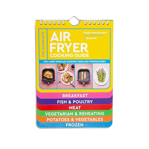 Yellow air fryer cookbook with food photos and category tabs.