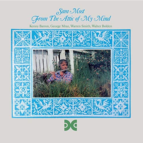 CD cover: man playing flute in a garden, blue patterned border.