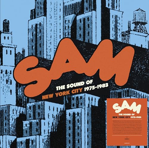 Vinyl record cover with orange “SAM” text over a blue cityscape.