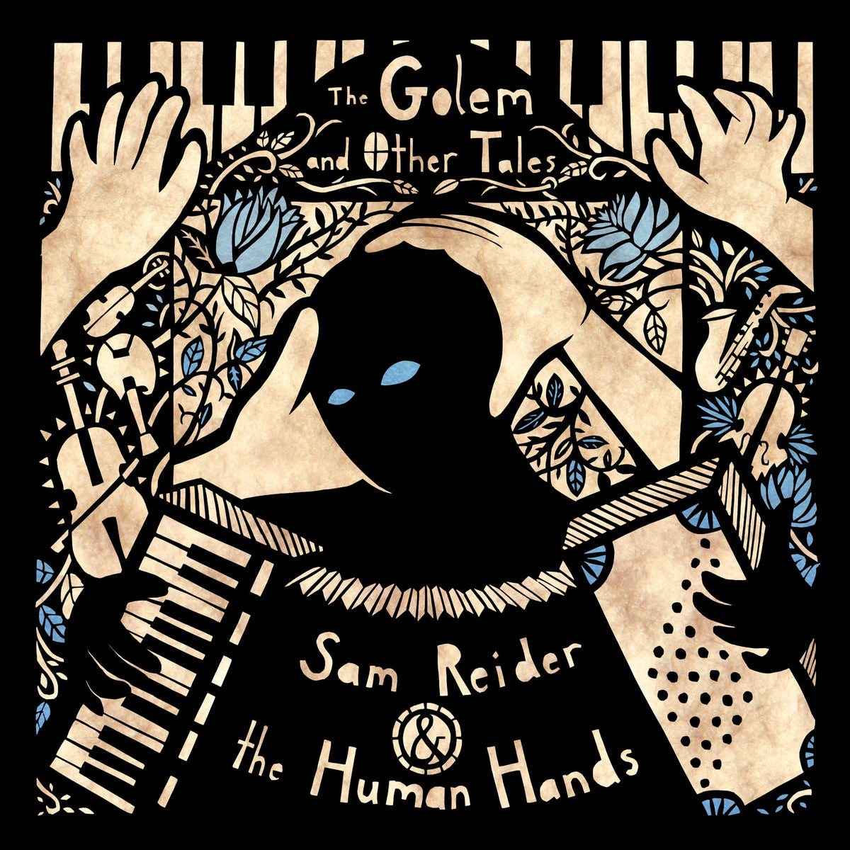 Vinyl album cover with illustrated arms embracing a dark, central shape.
