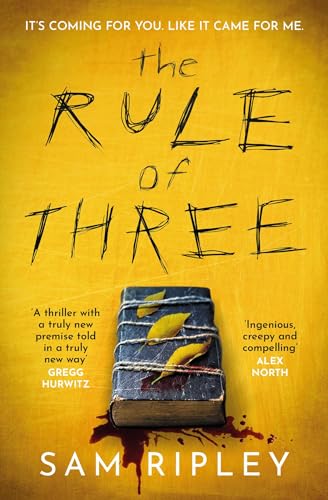 Book cover with a yellow background, a tied book, and bloodstains at the bottom.