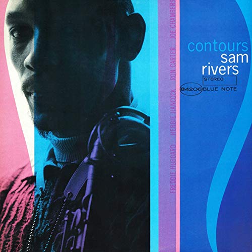 Album cover for Sam Rivers’ “Contours” featuring a portrait and blue stripes.