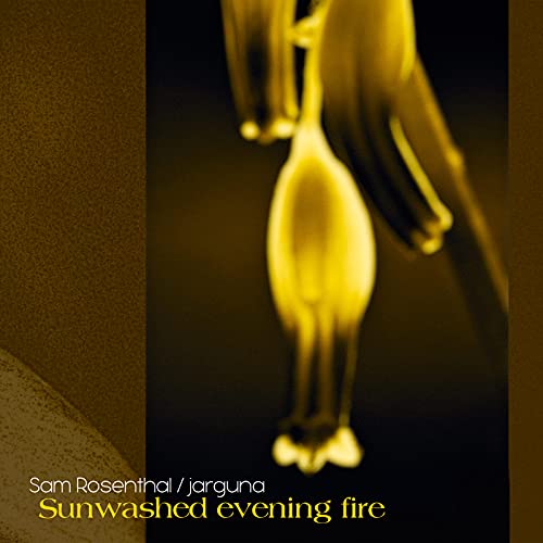 CD cover for "Sunwashed Evening Fire" featuring golden, abstract flame shapes.